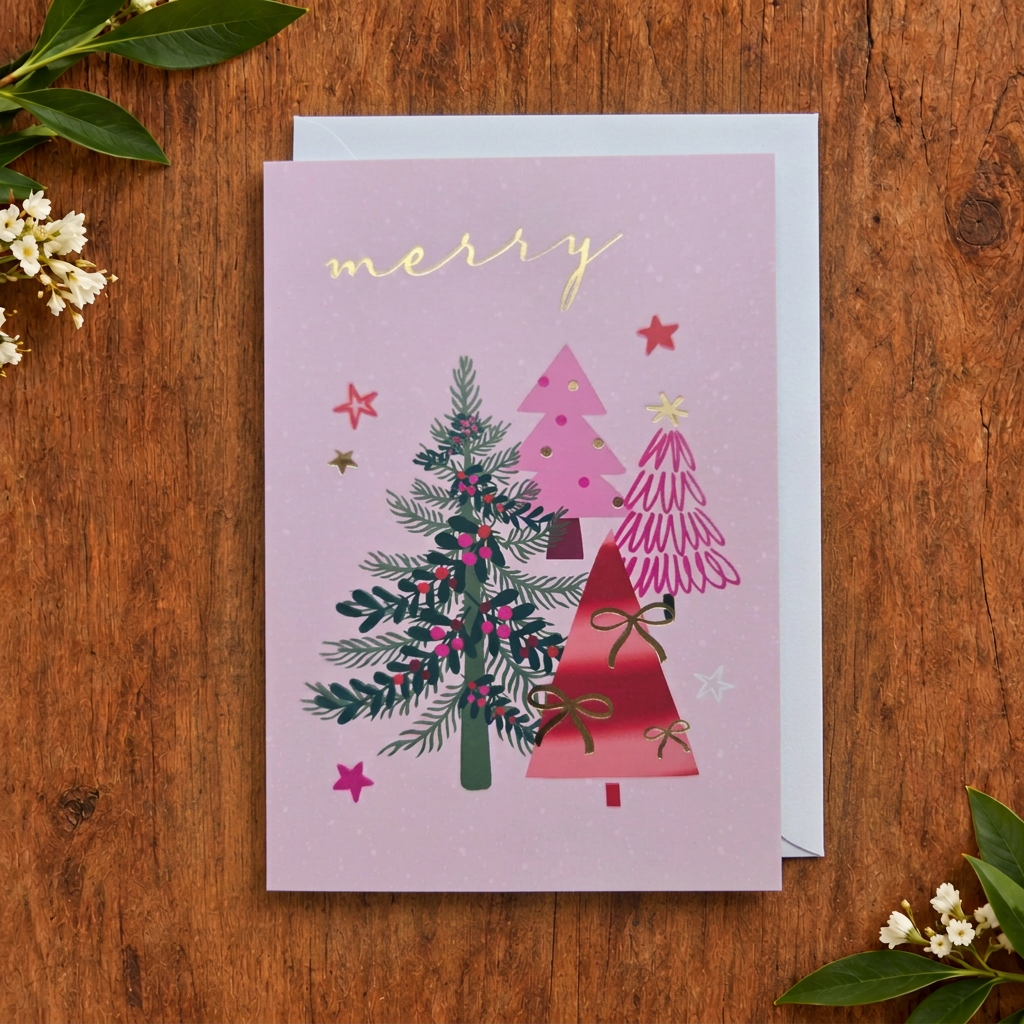 Pink Merry Christmas Trees Card