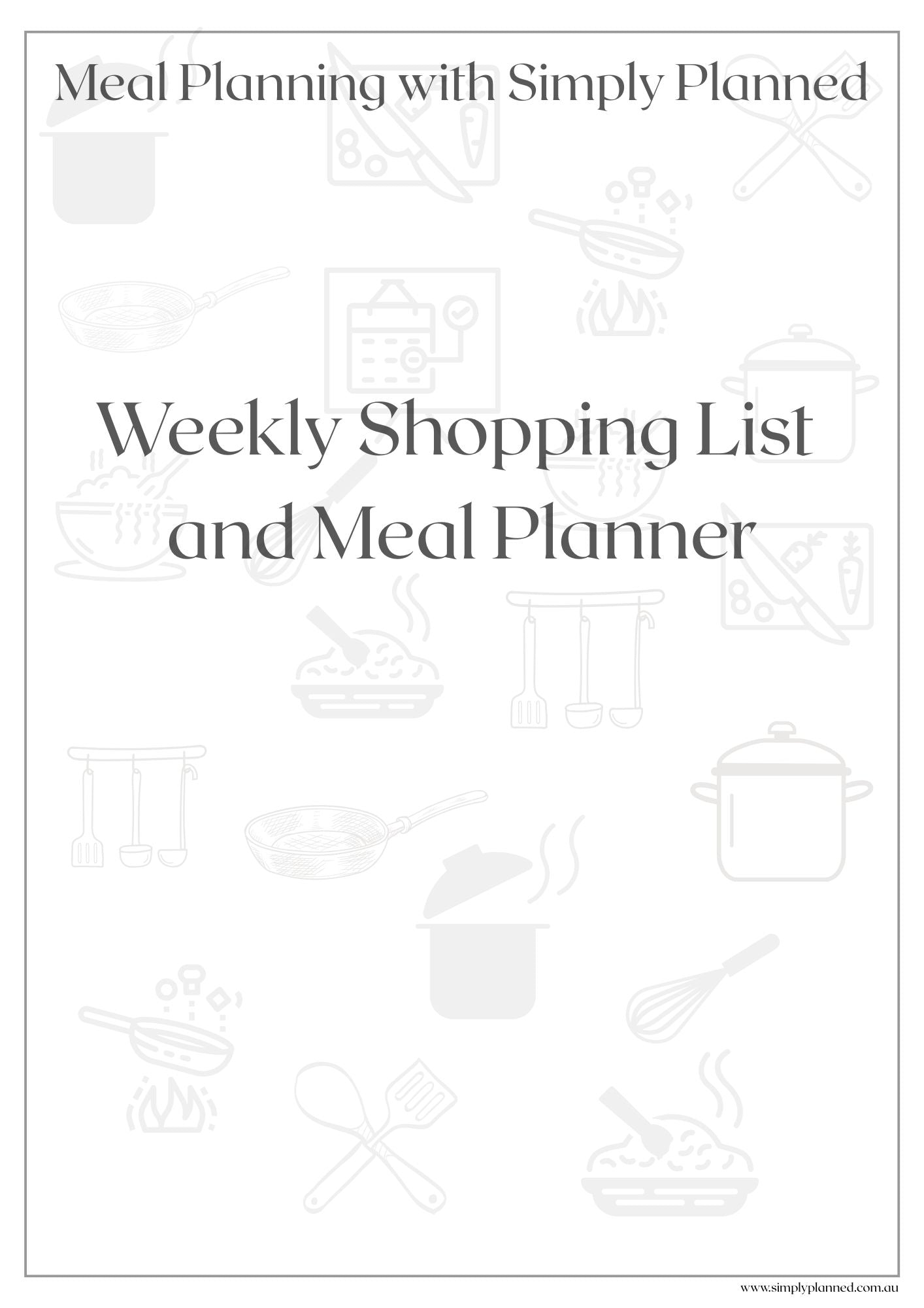 Blank weekly shopping list and meal planner with icons on a white background