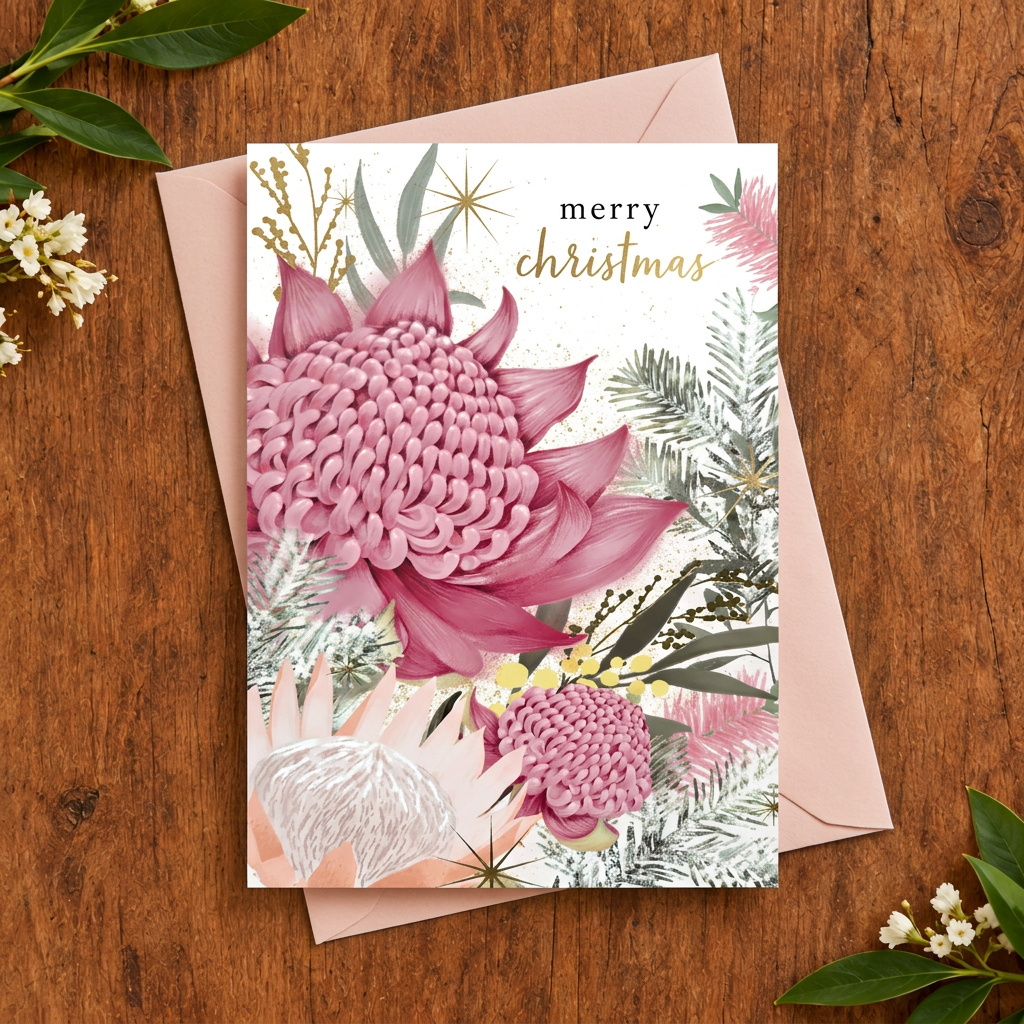 Pink Botanical Merry Christmas Card